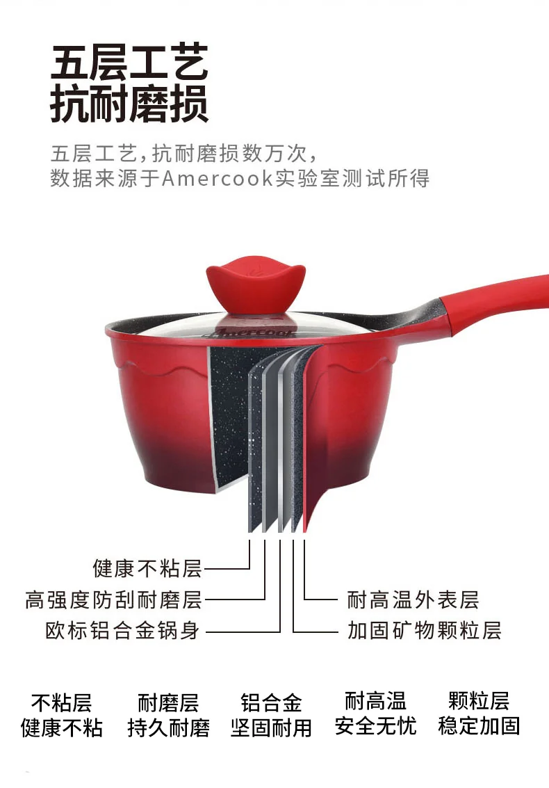 Amercook Alfita non-stick milk pan Maifan stone non-stick pan with lid A18RD healthy non-stick Chinese red 18cm detail image 8