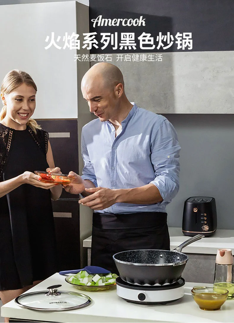 Amercook Flame Series Black Wok Maifan Stone Non-Stick Wok with Lid A28BK Healthy Non-Stick Light Oil and Less Smoke 28cm detail image 1