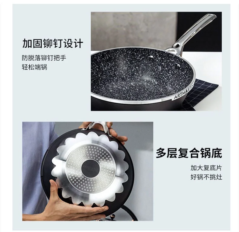 Amercook Flame Series Black Wok Maifan Stone Non-Stick Wok with Lid A28BK Healthy Non-Stick Light Oil and Less Smoke 28cm detail image 15