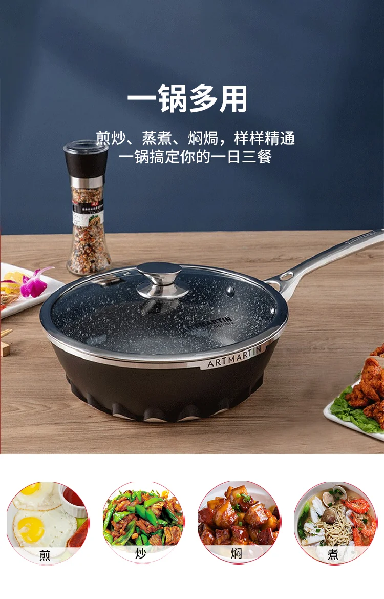 Amercook Flame Series Black Wok Maifan Stone Non-Stick Wok with Lid A28BK Healthy Non-Stick Light Oil and Less Smoke 28cm detail image 5