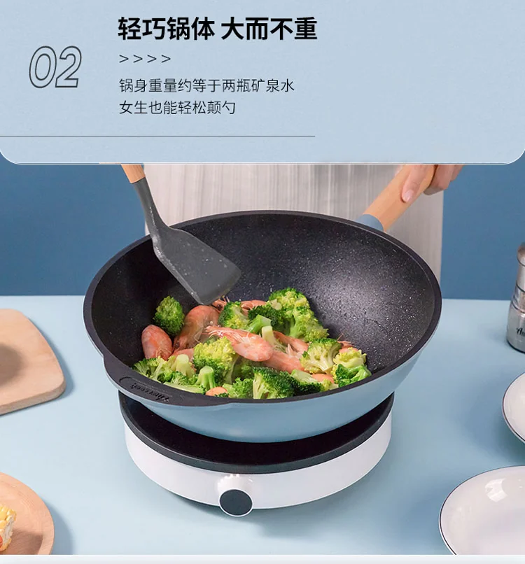 Amercook, Non-Stick Wok with Lid, A32BE, Non-Stick Less Fume, No Picking Stove, Blue 32cm detail image 12