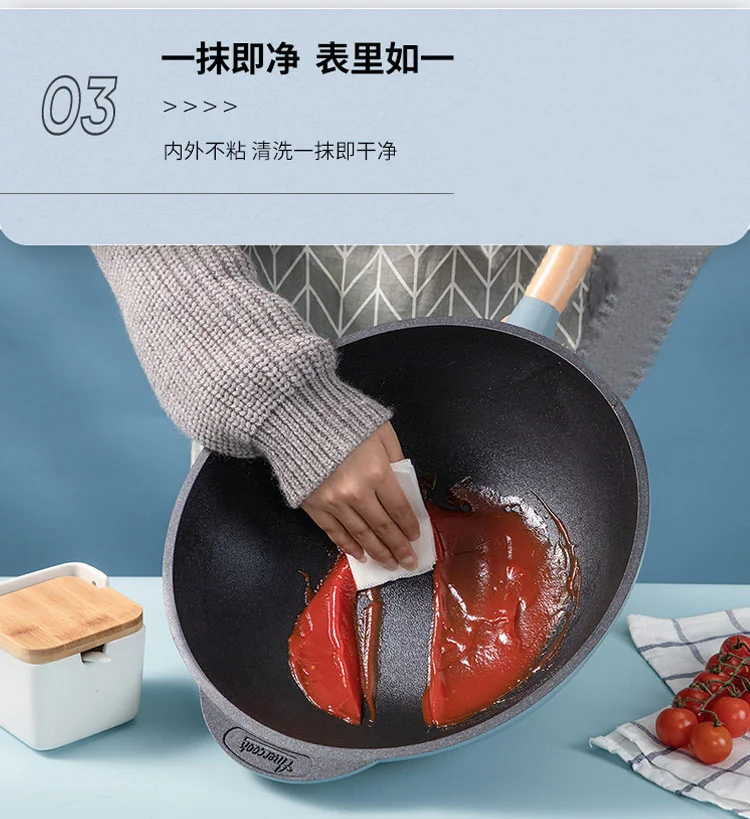 Amercook, Non-Stick Wok with Lid, A32BE, Non-Stick Less Fume, No Picking Stove, Blue 32cm detail image 13