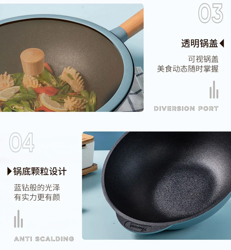 Amercook, Non-Stick Wok with Lid, A32BE, Non-Stick Less Fume, No Picking Stove, Blue 32cm detail image 16