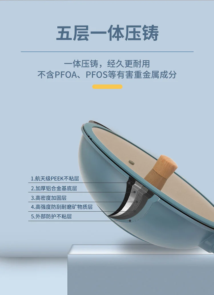 Amercook, Non-Stick Wok with Lid, A32BE, Non-Stick Less Fume, No Picking Stove, Blue 32cm detail image 9