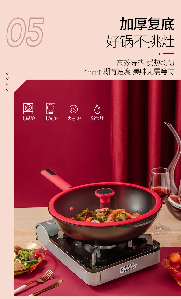 Amercook China Red Wok Non-Stick Wok with Lid A32RD Healthy Non-Stick Light Oil and Less Smoke 32cm detail image 14