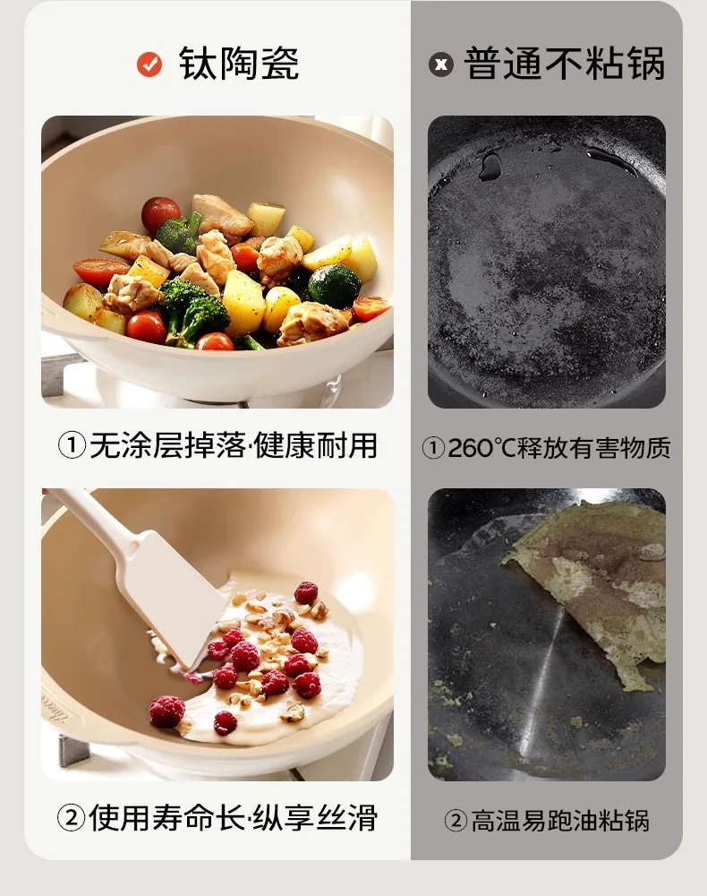 Amercook钛陶瓷0氟不粘锅扶桑木炒锅 不粘家用平底煎炒锅 燃气电磁炉通用 32CM detail image 16