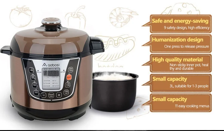 Aobosi YBW30-80Q Programmable Pressure Cooker 3Qt/800W Non-Stick Cooking Pot Digital Cooker