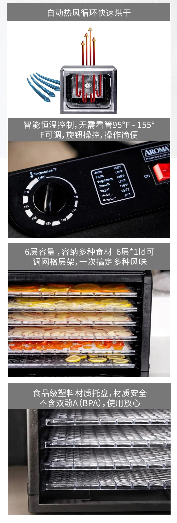 Aroma专业食物脱水机AFD-815B 可调节温度 操作简单 干燥彻底 详情图 4