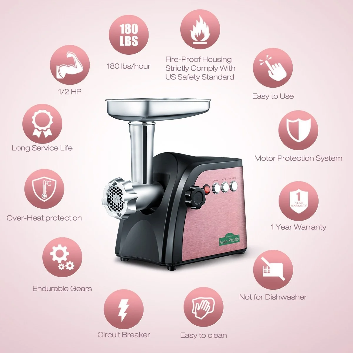 Avan-Pacific UMG-1801 ETL #8 LongLife Durable Electric Digital Light Touch Stainless Steel Meat Grinder with 2 S.S. Knives detail image 5