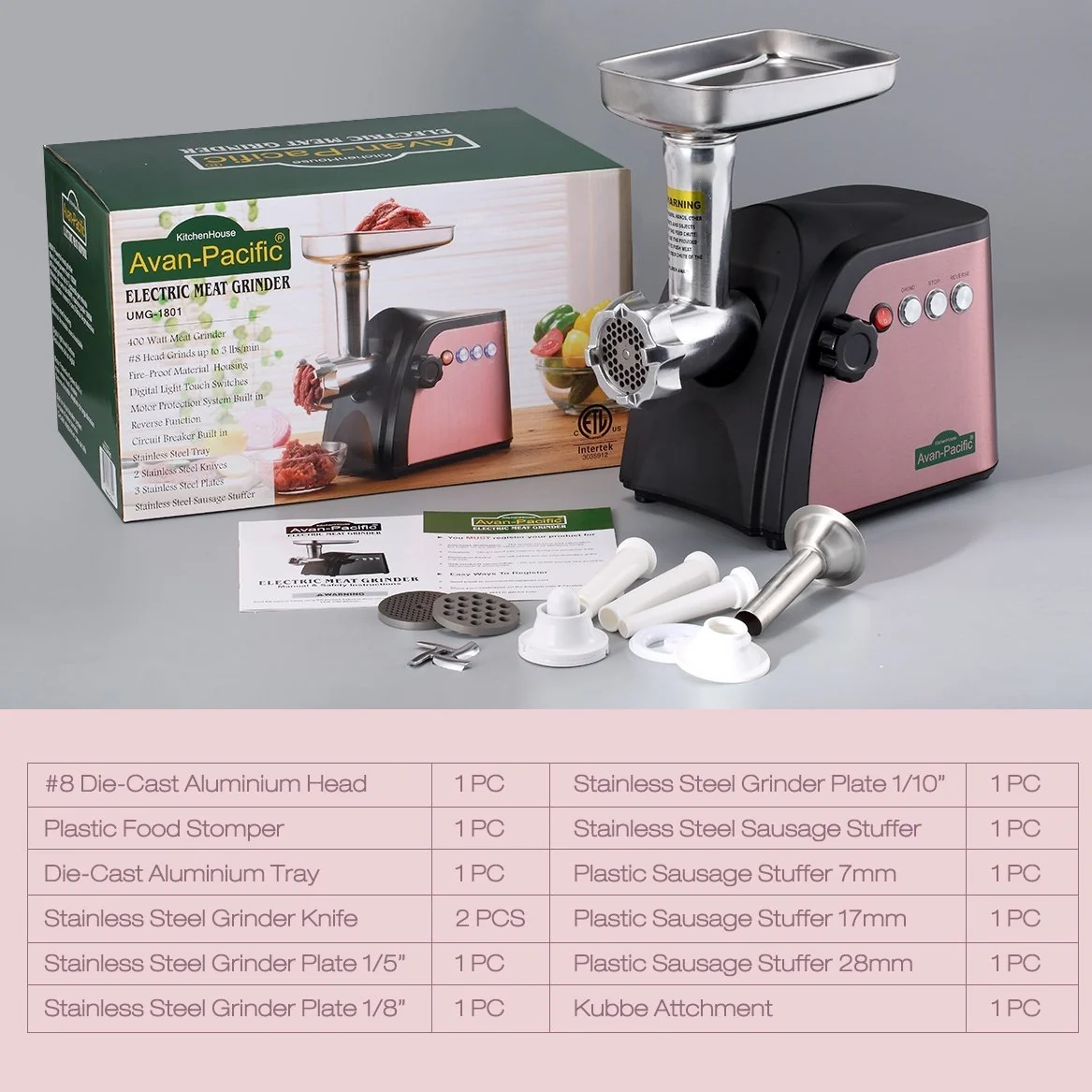 Avan-Pacific UMG-1801 ETL #8 LongLife Durable Electric Digital Light Touch Stainless Steel Meat Grinder with 2 S.S. Knives detail image 8