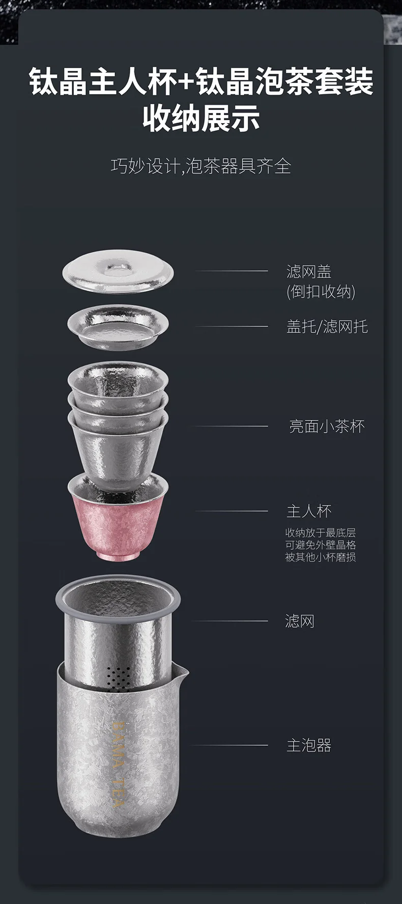 【中国直邮，时效10-15天】八马茶业 茶具 高档茶杯 喝茶水杯 钛晶小茶杯 纯钛打造 红粉金/松石绿/雪花银 50ml 1只 detail image 14