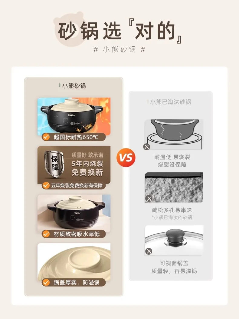 BEAR小熊砂煲 黄色 2.5L 家用砂锅 耐高温陶瓷锅 炖锅 燃气灶煲仔炖锅 detail image 1