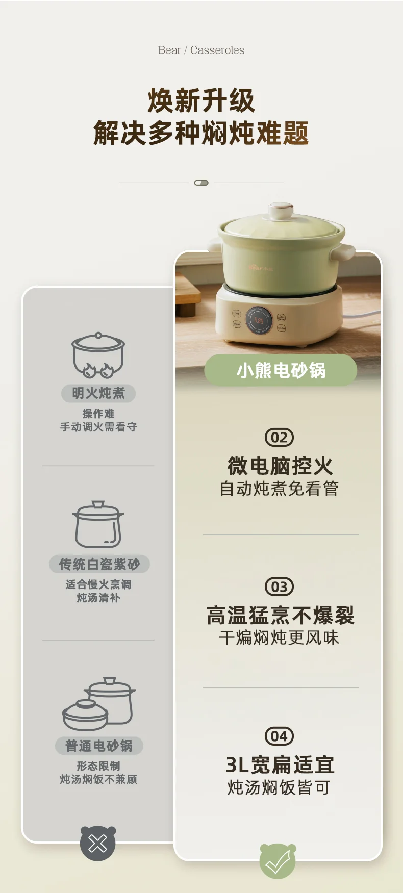Bear小熊 电砂锅电炖锅煲汤锅 养生煮粥锅煲仔饭分体式电砂锅 3L detail image 3