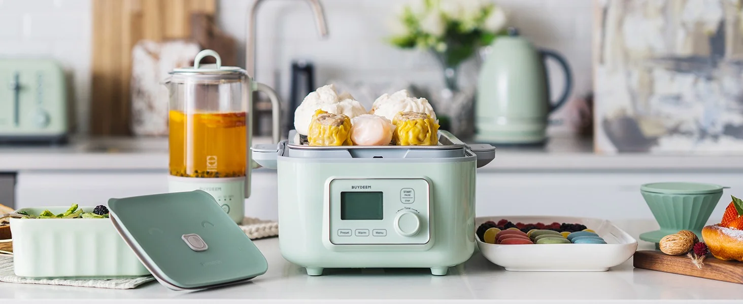 Buydeem Electric Food Steamer for Cooking G563, with preset and timer function, stainless steel steaming tray and glass lid detail image 2