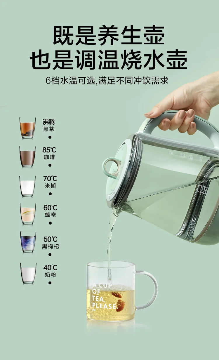 Buydeem Health Pot K2763-BA Lite, Glass Electric Kettle for Tea & Coffee, Hot Water Boiler and Wamer with Stew Pot, Temperature Control, Green, 1.5L detail image 12