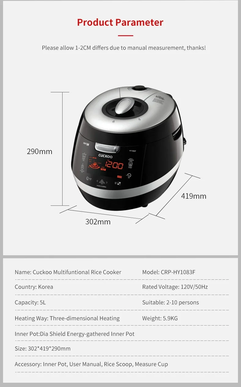 Cuckoo CRP-HY1083F Electric Pressure Rice Cooker 10 Cups Uncooked detail image 13