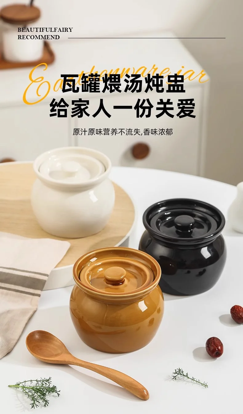 【中国直邮，时效8-20天】稻叮瓦罐炖盅 隔水炖一人食蒸蛋炖罐 带盖汤罐中式沙县小吃陶瓷煨汤汤盅 棕色瓦罐400毫升 1/2个装 detail image 1