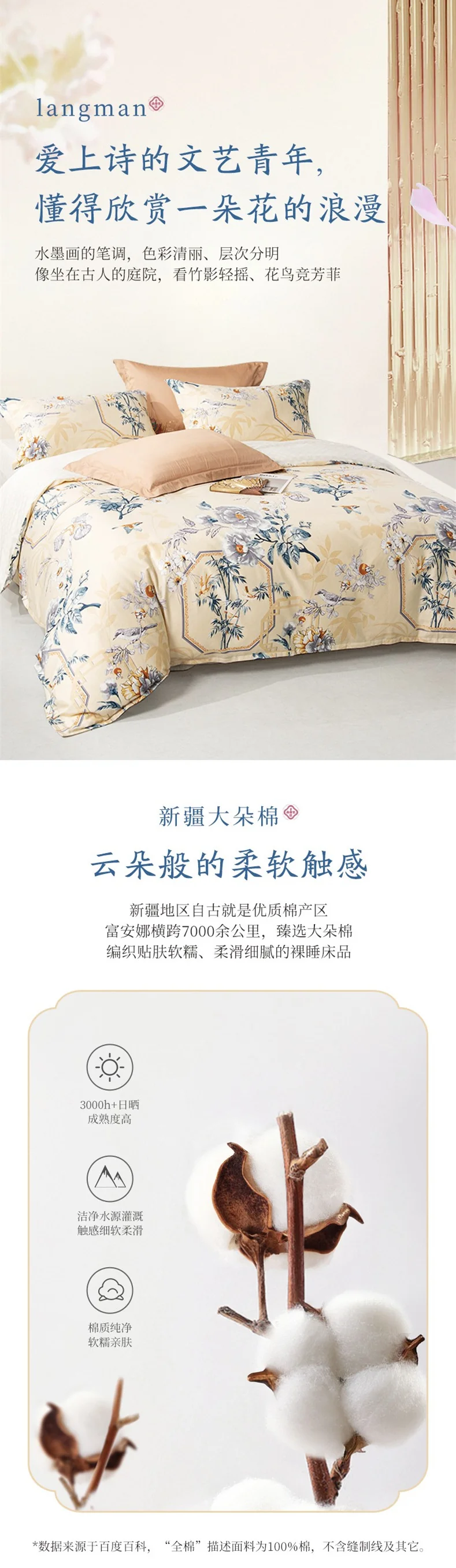 【中国直邮，时效8-20天】富安娜（FUANNA）全棉床单四件套 东方设计 醉玲珑 被套203*229cm 详情图 3