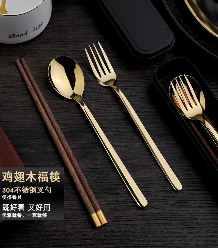 Pick up  Creative 304 stainless steel cutlery set chicken wing wooden chopsticks spoon fork gold set detail image 1