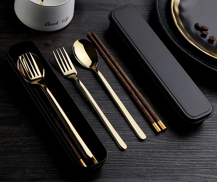 Pick up  Creative 304 stainless steel cutlery set chicken wing wooden chopsticks spoon fork gold set detail image 11