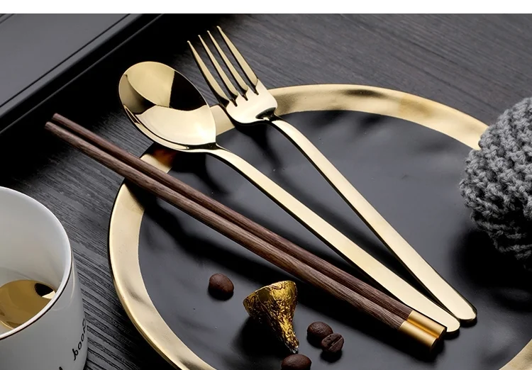 Pick up  Creative 304 stainless steel cutlery set chicken wing wooden chopsticks spoon fork gold set detail image 13