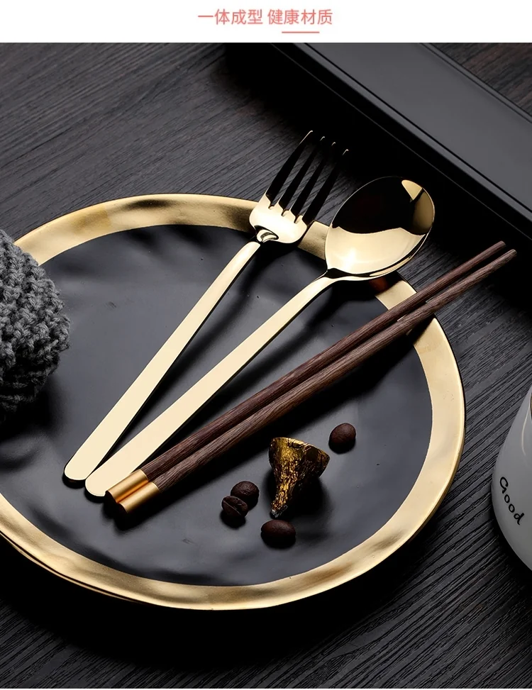 Pick up  Creative 304 stainless steel cutlery set chicken wing wooden chopsticks spoon fork gold set detail image 2