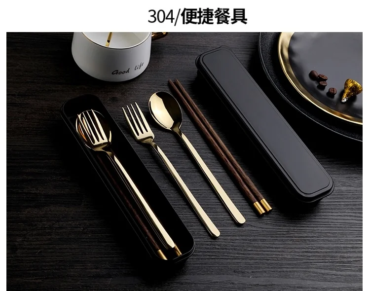 Pick up  Creative 304 stainless steel cutlery set chicken wing wooden chopsticks spoon fork gold set detail image 3