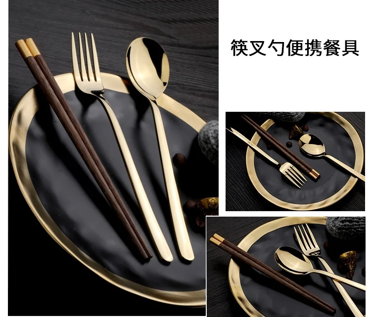 Pick up  Creative 304 stainless steel cutlery set chicken wing wooden chopsticks spoon fork gold set detail image 5