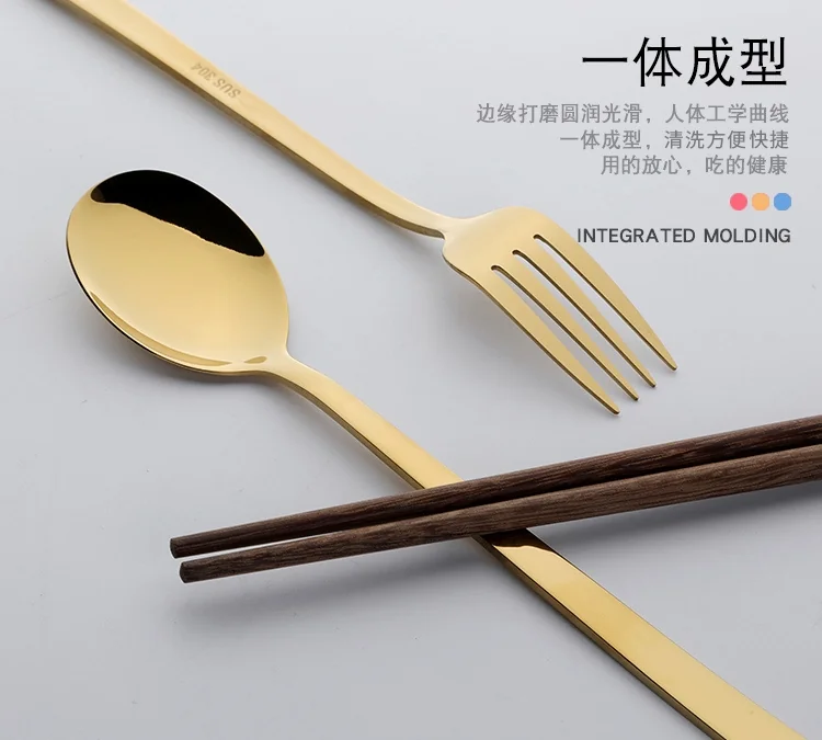 Pick up  Creative 304 stainless steel cutlery set chicken wing wooden chopsticks spoon fork gold set detail image 7