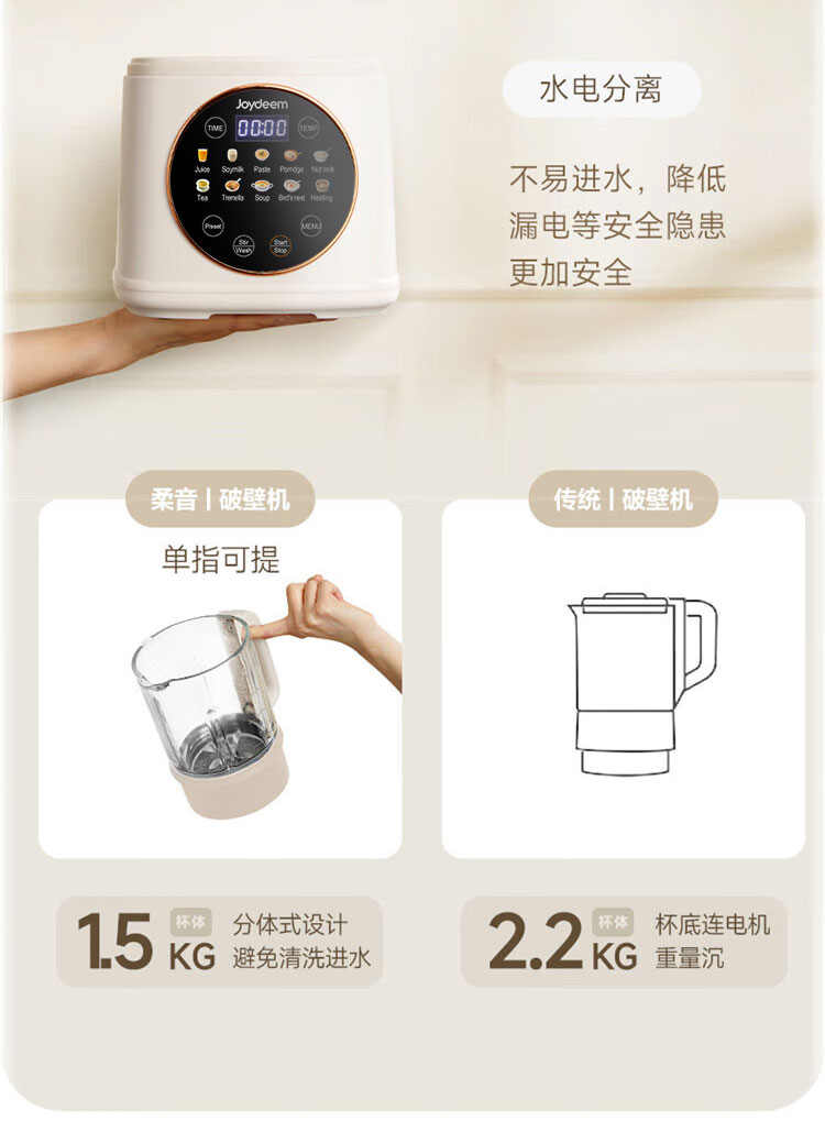 Joydeem JD-J03 低音破壁机分体式设计和传统连体式破壁机对比特写 - 分体设计更能避免清洗进水