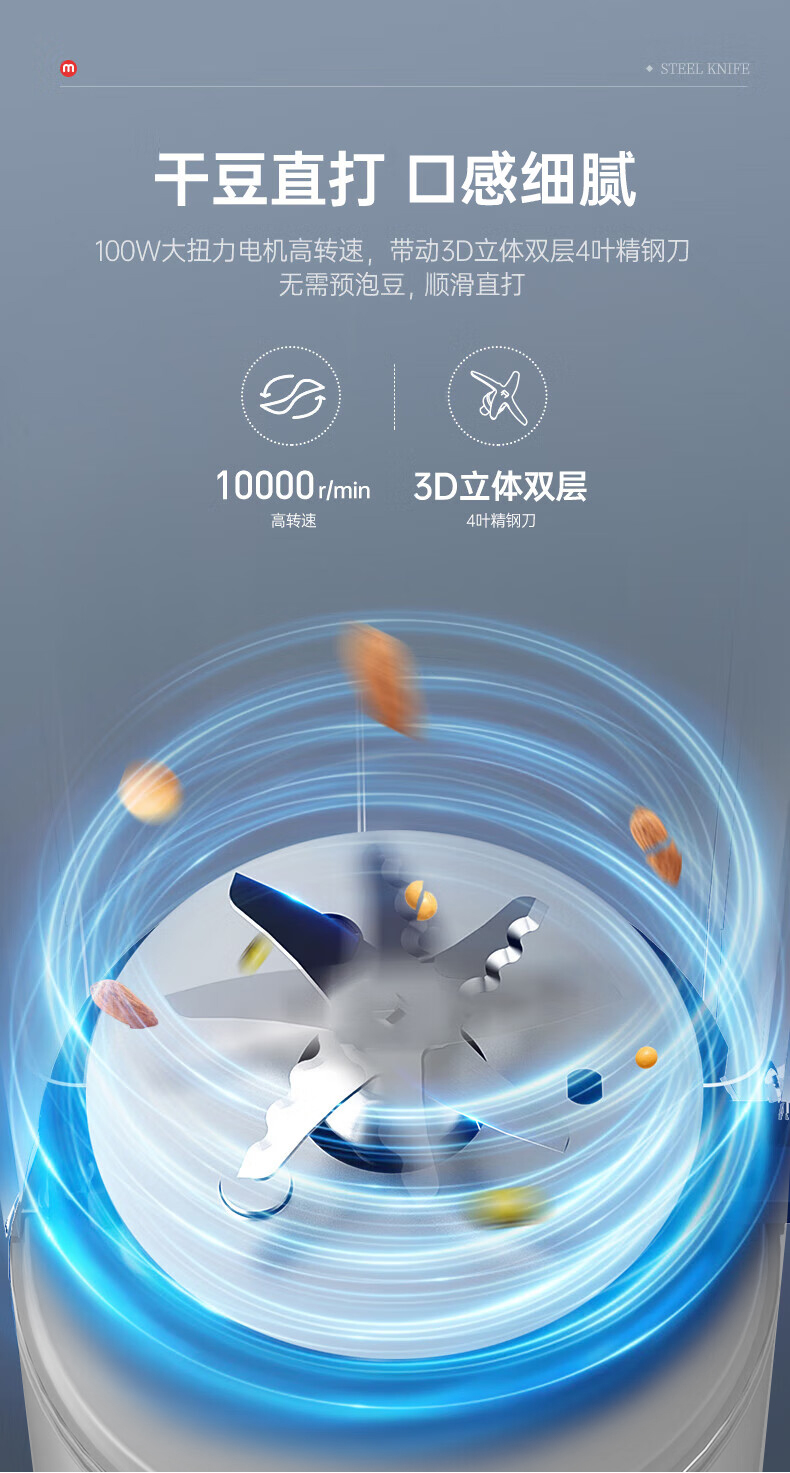 Joydeem JD-PB8200豆浆机4叶刀头-干豆直打,强力破壁,细腻无渣