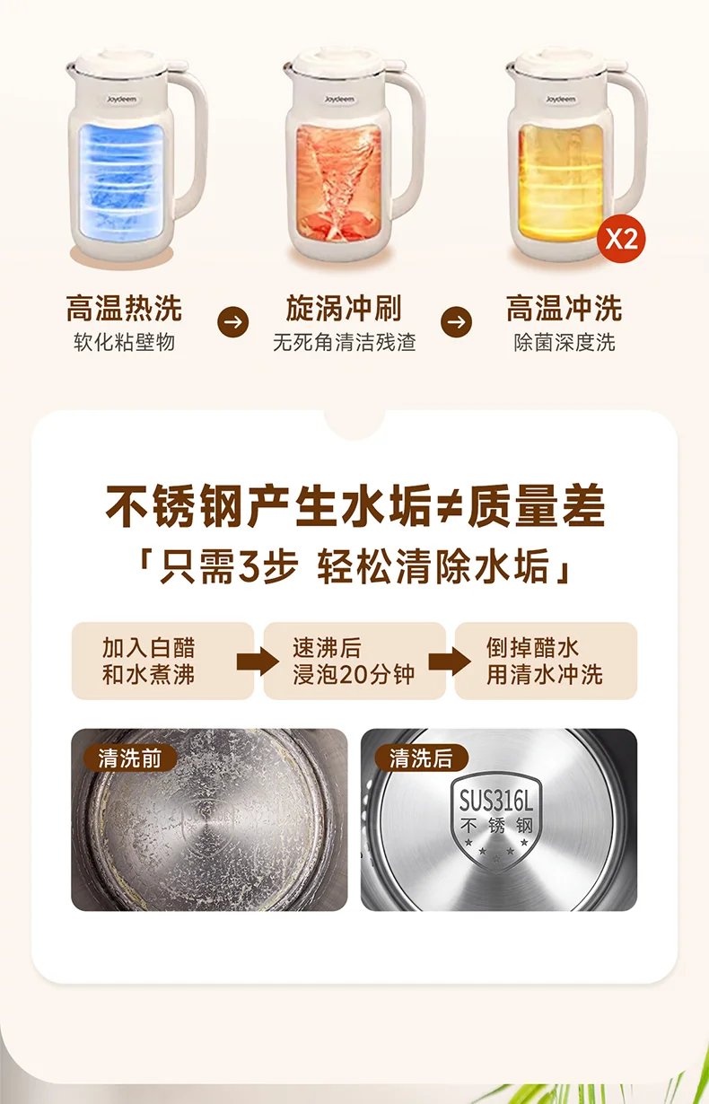 Joydeem 家用多功能豆浆机破壁机 坚果奶机 316L不锈钢内胆 无渣免滤 1.35L detail image 15