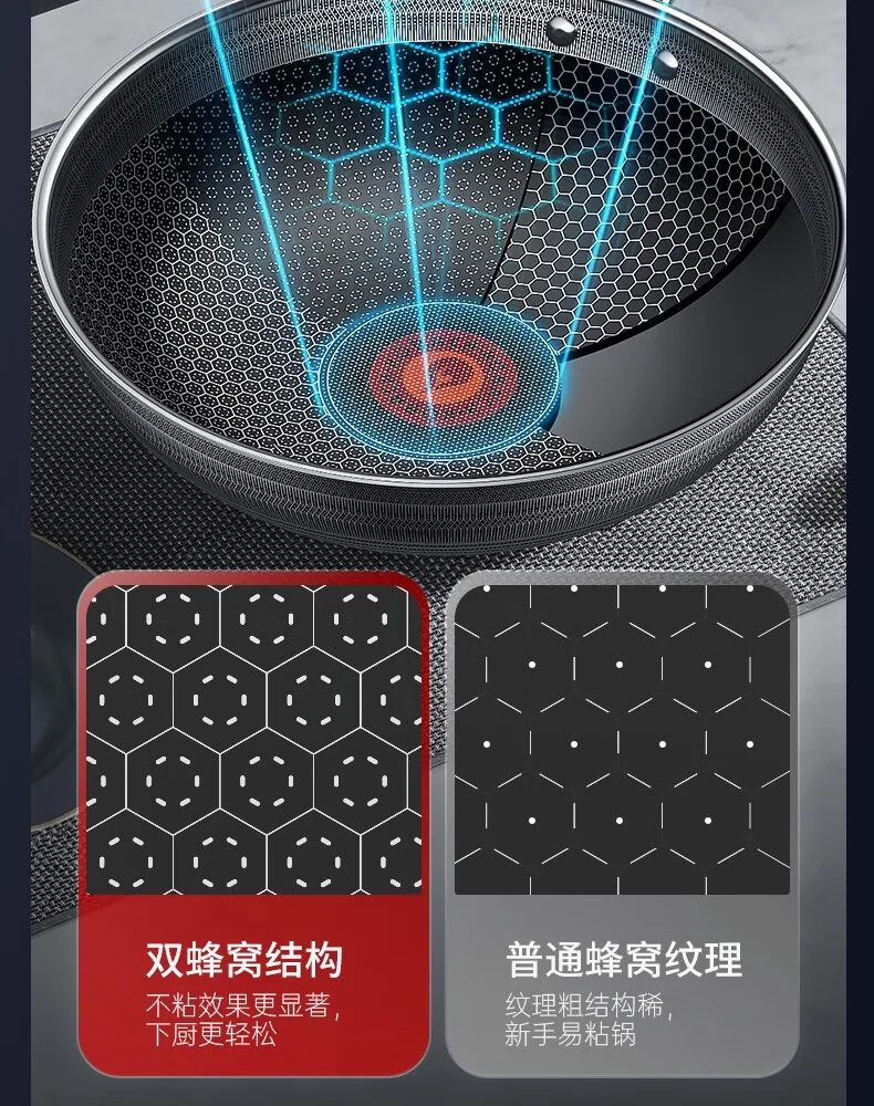 康巴赫 第六代炒锅不粘锅抗菌不锈钢炒菜锅双蜂窝锅红点电磁炉燃气通用 六代双蜂窝炒锅 32cm/34cm 详情图 4
