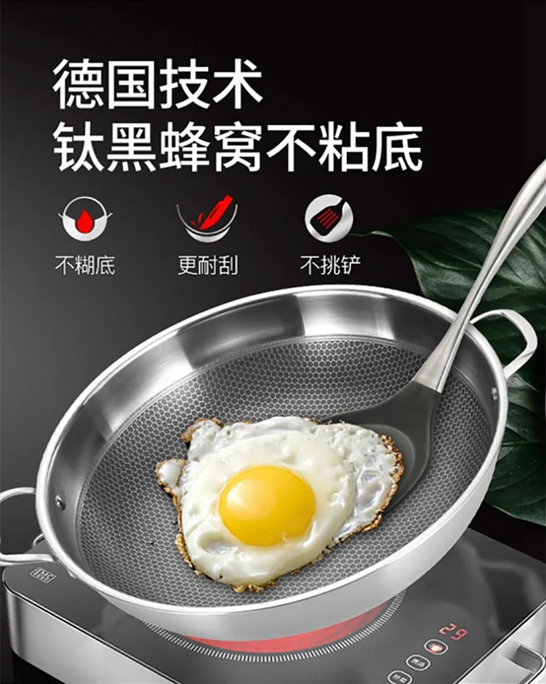 LeKITCHEN, 304 stainless steel double ear non-stick wok, household with lid, universal for gas induction cooker, 36/38cm detail image 4