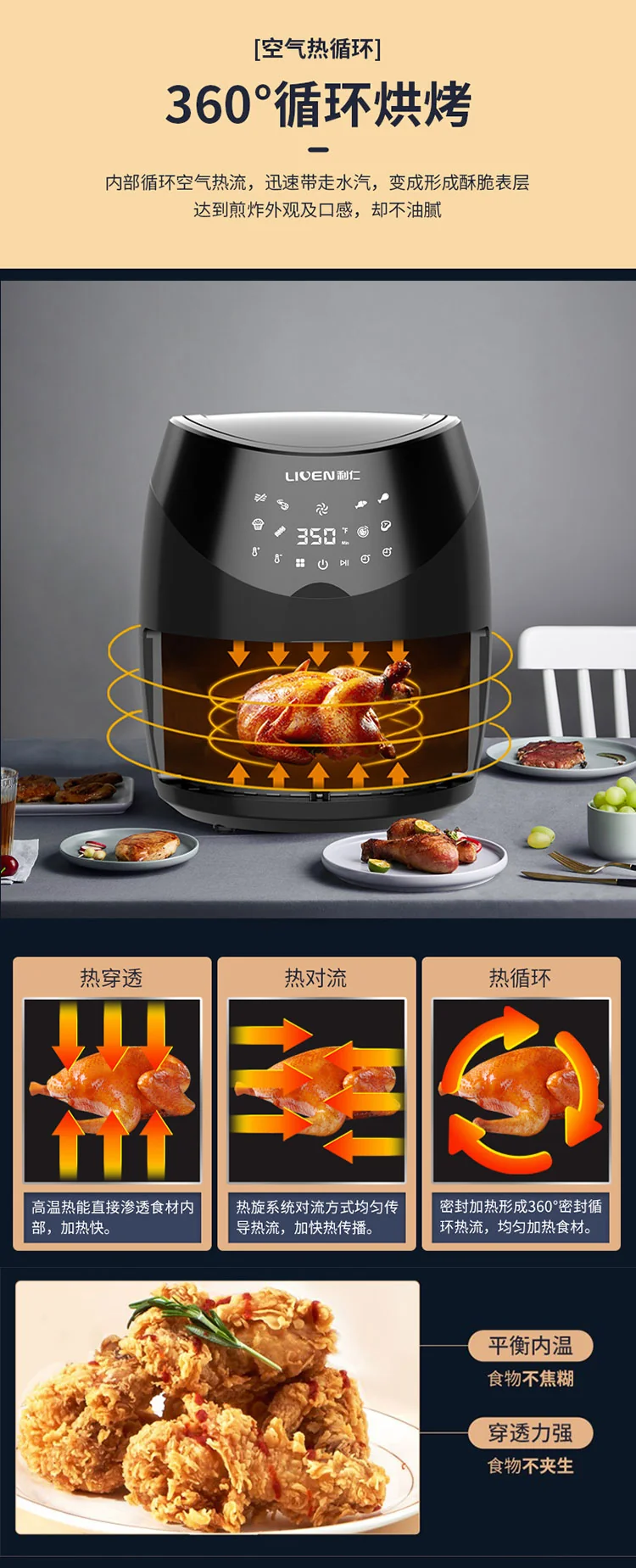 Liven household air fryer, electric fryer, KZ-D5503, high temperature degreasing, non-stick and easy to clean, 6QT detail image 5