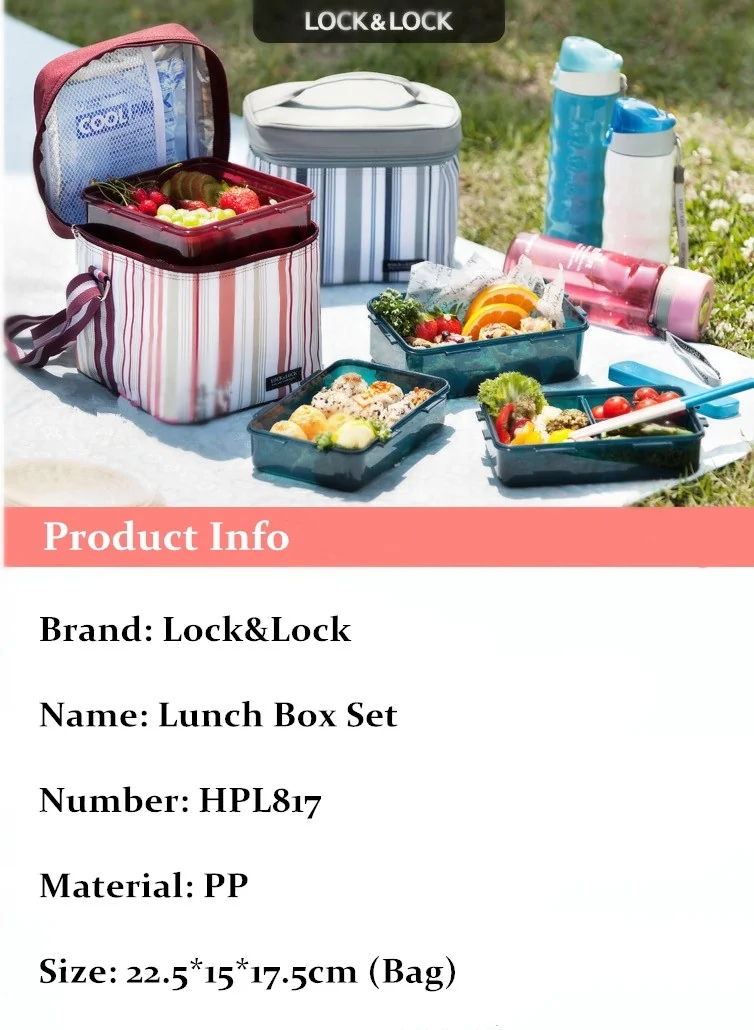 Lock&Lock Rectangular 3-Piece Lunch Box Set with Insulated Bag and Water Bottle HPL762RP detail image 1