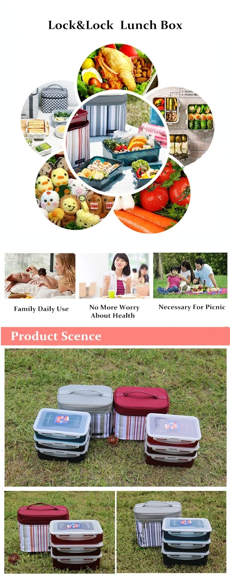 Lock&Lock Rectangular 3-Piece Lunch Box Set with Insulated Bag and Water Bottle HPL762RP detail image 2