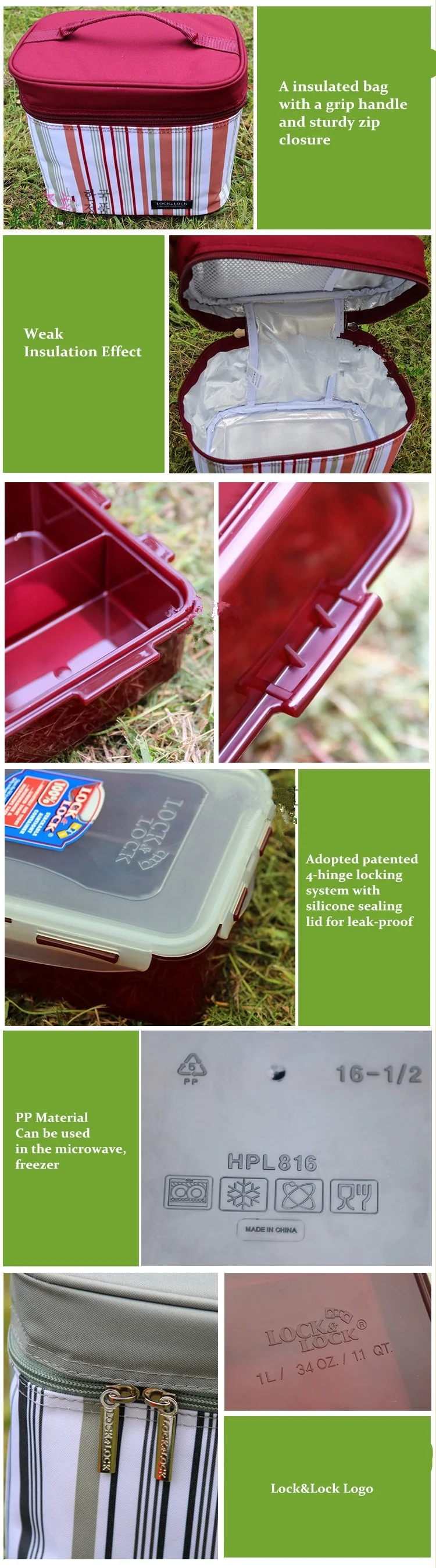 Lock&Lock Rectangular 3-Piece Lunch Box Set with Insulated Bag and Water Bottle HPL762RP detail image 3