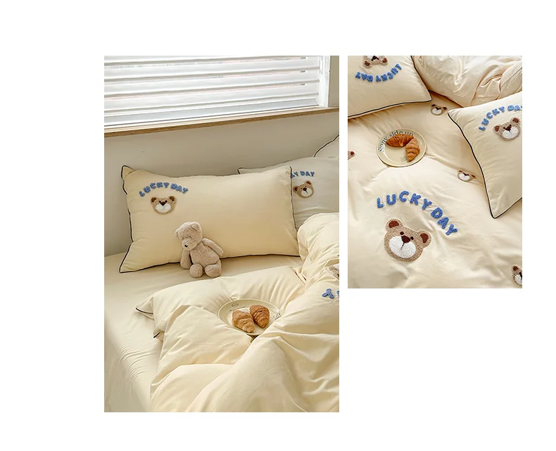 【中国直邮，时效6-10个工作日】Lullabuy 奶噗噗的小熊四件套四季居家床品套装床单被套枕套 抹茶绿 detail image 10
