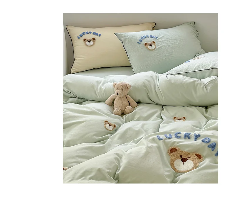 【中国直邮，时效6-10个工作日】Lullabuy 奶噗噗的小熊四件套四季居家床品套装床单被套枕套 抹茶绿 detail image 13