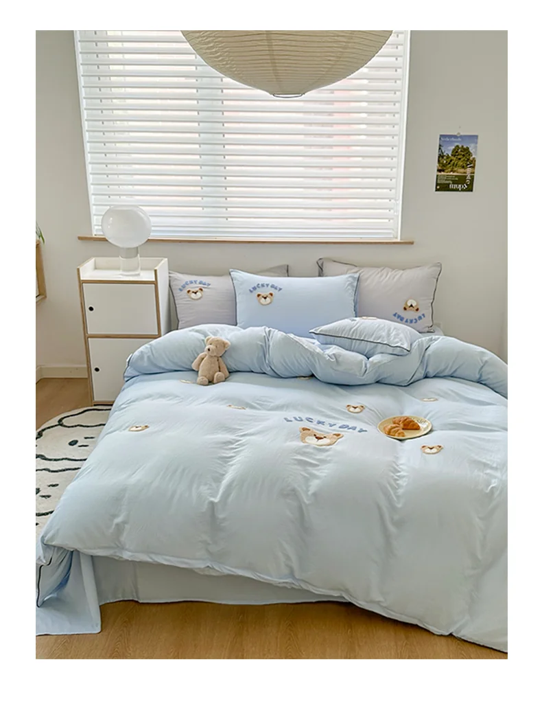 【中国直邮，时效6-10个工作日】Lullabuy 奶噗噗的小熊四件套四季居家床品套装床单被套枕套 抹茶绿 detail image 17
