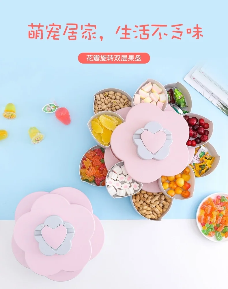 Meierjing Petal Rotating Double Fruit Plate Multi-Grid Easy Storage Pink detail image 1
