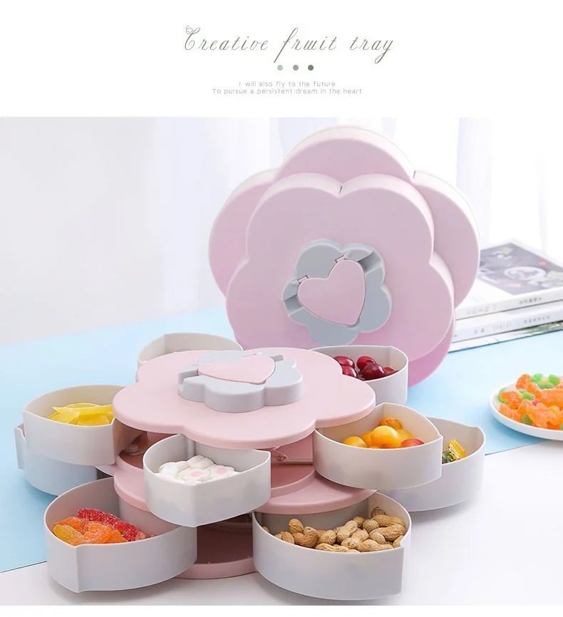 Meierjing Petal Rotating Double Fruit Plate Multi-Grid Easy Storage Pink detail image 10