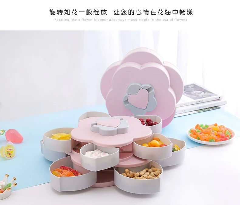 Meierjing Petal Rotating Double Fruit Plate Multi-Grid Easy Storage Pink detail image 11