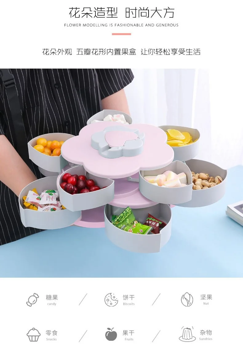 Meierjing Petal Rotating Double Fruit Plate Multi-Grid Easy Storage Pink detail image 3