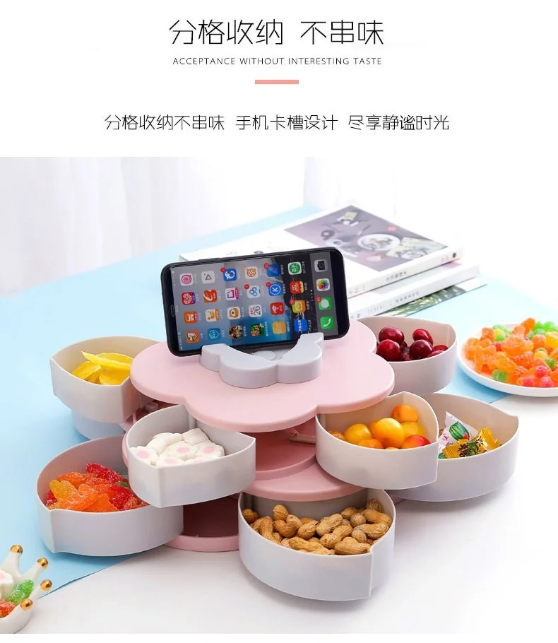 Meierjing Petal Rotating Double Fruit Plate Multi-Grid Easy Storage Pink detail image 4
