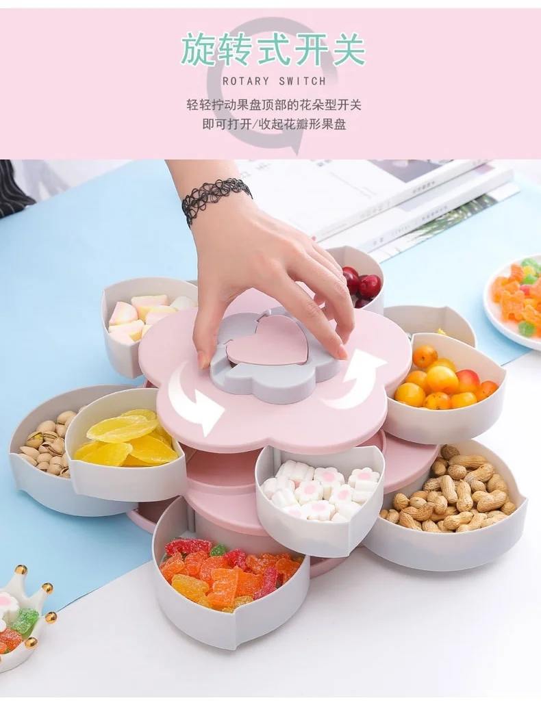 Meierjing Petal Rotating Double Fruit Plate Multi-Grid Easy Storage Pink detail image 5