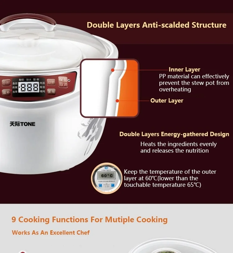 TONZE DGD32-32BG Smart 4 Ceramic Pot Electric Stew Pot, Slow Cooker Soup Maker detail image 3