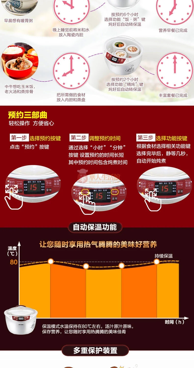 天际Tonze 家庭款隔水电炖盅3.2L DGD32-32BG 一锅四胆 隔水精炖 上置式面板 汤粥饭酸奶样样行 详情图 14
