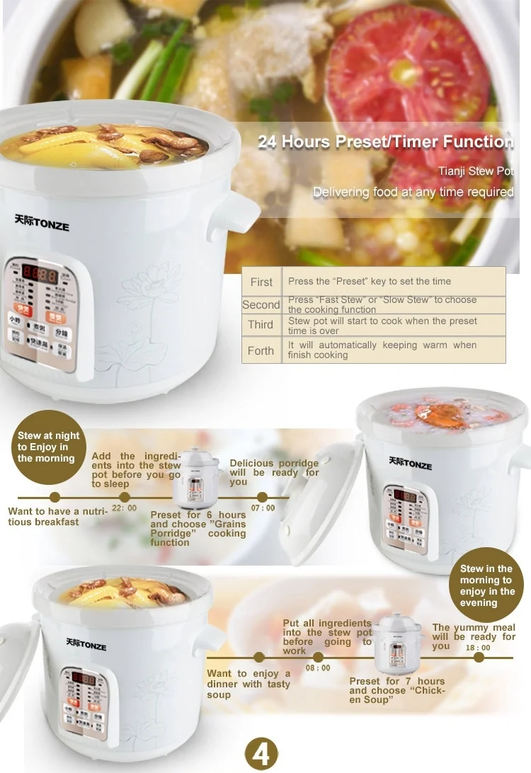 Tonze White Porcelain Electric Slow Cooker Ceramic Stew Pot DGD40-40CWD 4L detail image 10